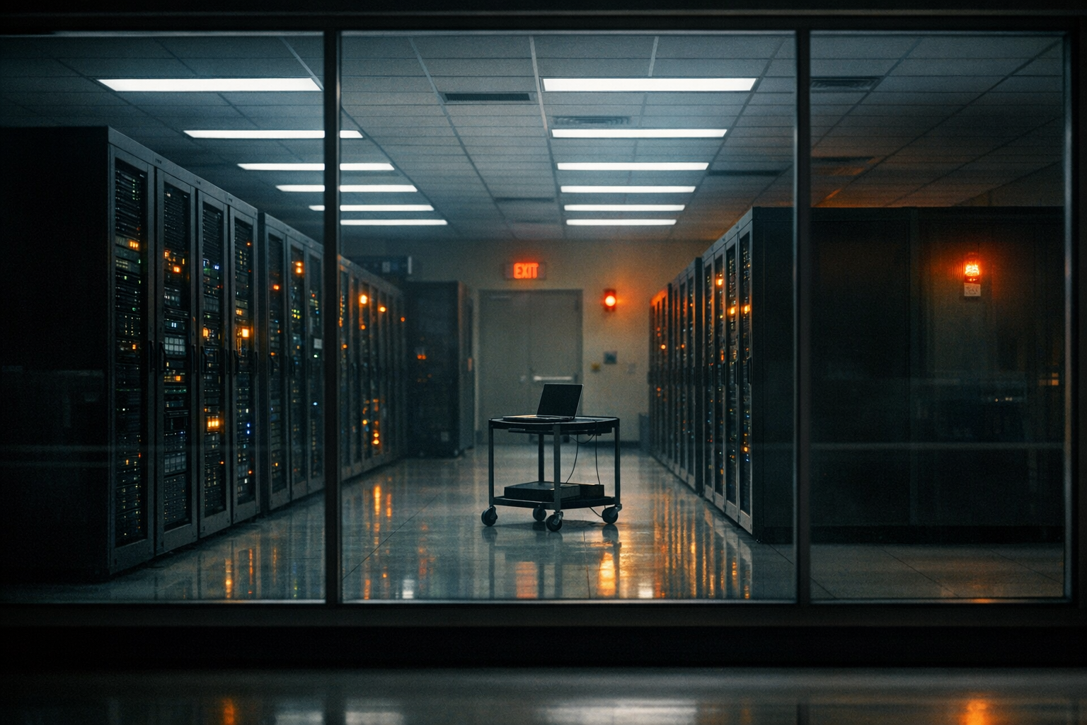 Operation Midnight Cipher — hospital data center with amber warning lights